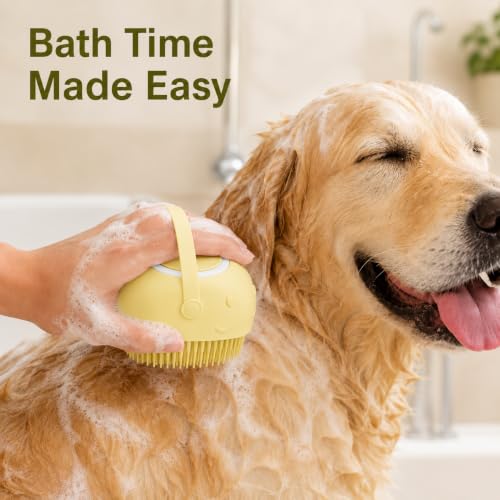 Dog and Cat Bath Brush with Shampoo Dispenser, Silicone Pet Grooming Brush for Dogs Cats, Soft Massage Scrubber for Bath, Easy Clean Ergonomic Pet Shower Brush for Small Medium Pets Yellow - color: Yellow