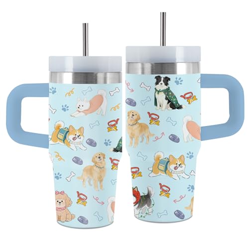Dog 14 oz Tumbler, with Handle Straw, Stainless Steel Coffee Cup | 14oz Insulated Sports Water Bottle, Reusable Leak-proof Travel Mug, Thanksgiving Christmas Birthday Gifts for Son & Daughter - color: Dog-Blue