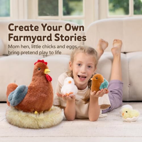 7Pcs Chicken Plush Toy with Babies, 14" Hen Stuffed Animal Set | Mother Chicken Plushie with 3 Chicks, 2 Eggs & 1 Nest; Farm animal Plush; Hide-and-Seek Play; Christmas Easter Gift for Kids - style: Chicken Brown