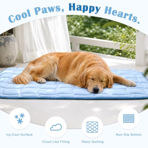 JOLLYVOGUE Cooling Mat for Dogs, X-Large Dog Cooling Pad, 44"x32", Blue | Lightweight & Breathable, Nylon-Spandex Blend Cover, Down Alternative Fill, Wavy Quilted, Non-Slip Back, Machine Washable - size: X-Large: 44"x32"