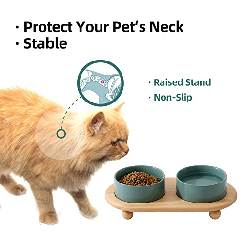 Havniva Raised Cat Bowl 5.1” Elevated Ceramic Cat Food and Water Bowl Set | Cat Bowls Elevated, Whisker Friendly Cat Bowl, Non-Slip Wood Stand, Food-Grade Ceramic, Wide Opening, Dishwasher Safe - color: 2 x Bowl + Stand - Dark Green, size: 5.1inch