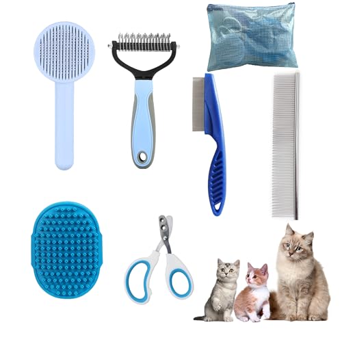 Cat Grooming Brush Kit 6 Tools - Deshedding & Dematting for Long/Short Hair, Self-Cleaning Slicker Brush with 6-in-1 Flea Comb for Cats & Kittens (Blue) - color: Blue