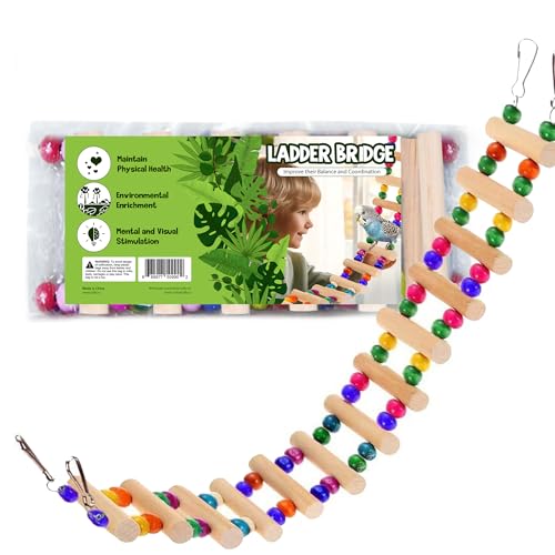 SunGrow Wooden Bird Ladder Bridge, Hanging Exercise Toy, Bird Playground Cage Accessory, Natural Wood, Edible Dye, Interactive Small Bird Toy, Parakeet, Cockatiel, Conure, Budgie Climbing Ladder