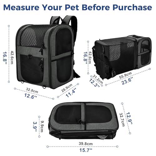 Apollo Walker Cat Carrier Backpack for Small Dogs and Cats Up to 18 lb | Expandable space, Four-Sided Breathable Mesh, Stability Package, Removable Pad,3D back panel,Thickened shoulder straps - color: Gray-expandable