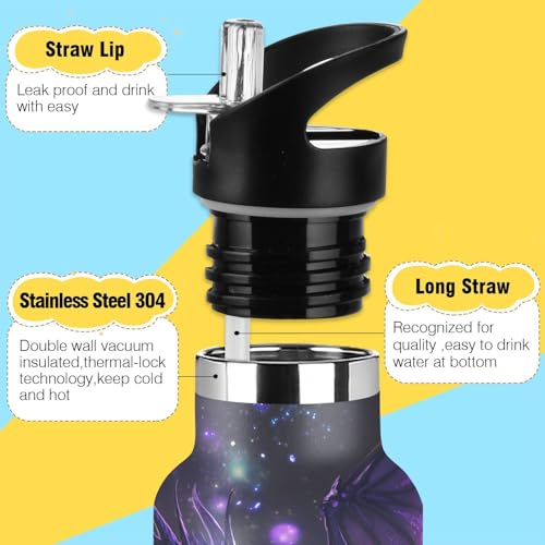 Purple Monster Dragon Insulated Water Bottle with Straw Lid,Vacuum Stainless Steel Mug Leakproof Tumbler Flask Kids Water Bottle for Sports Travel School,20oz - color: Purple Monster Dragon