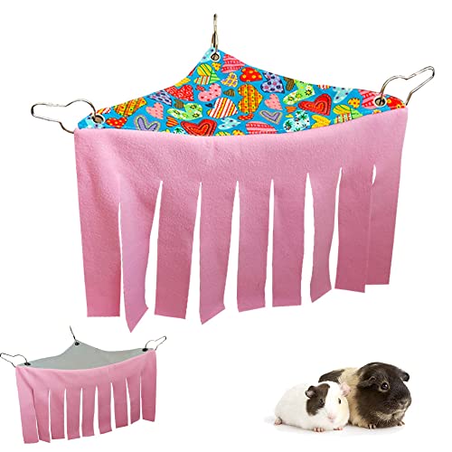 RIOUSSI Guinea Pig Hideout Hideaway Corner Fleece Toys Cage Accessories | Reversible Sides | Soft Fleece Fabric | Come with Hooks | Guinea Pig Hammock for Small Animals | Pink, Triangle - color: Pink