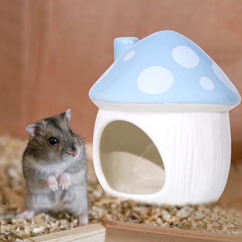 Ceramic Mushroom Hamster Hideout - Hamster Habitat for Hamsters Chinchillas Hedgehogs and Gerbils Mouse Small Pet Guinea Pigs House Hamster Bed (Blue) - color: Blue