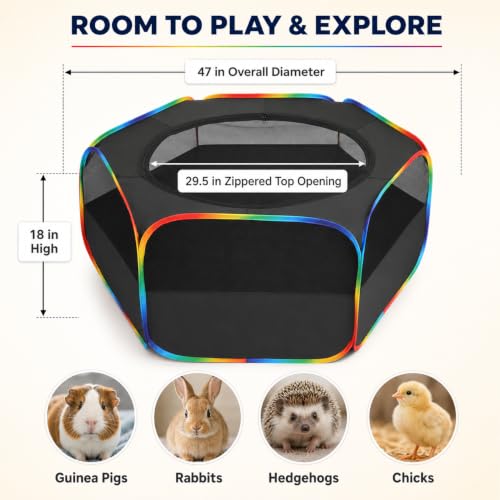 Small Animal Playpen, Chick Brooder Box, Guinea Pig Hamster Indoor Playpens & Outdoor Pet Cage Tent with Cover Top, for Kitten/Ferret/Hedgehog/Rabbit/Duckling, Black & Rainbow