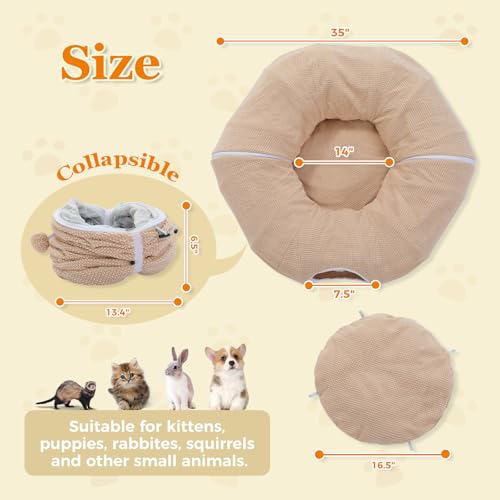 PEQULTI Cat Donut Tunnel with Bed for Indoor Cats, Cat Play Tunnel with Washable Soft Plush Mat, Round Tube Toys Cute Tube for Kittens, Puppies, Rabbits and Ferrets, Beige - color: New Beige