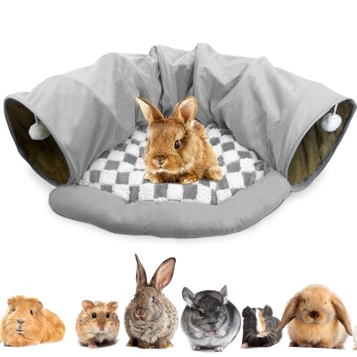 PINVNBY Bunny Tunnel Bed 2-in-1 Removable and Cozy Large Guinea Pig Hideout Tunnel Washable Small Animal Tunnels Tube Toys Guinea Pig Accessories for Rabbit Chinchilla Hedgehog Ferret (Gray)