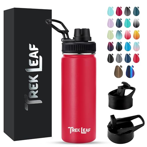 Travel Water Bottle with 3 Lids (Spout, Straw, Flip) Leak Proof, Quality, Vacuum Insulated, Stainless Steel (Red, 18 oz) - color: Red, size: 18 Ounces