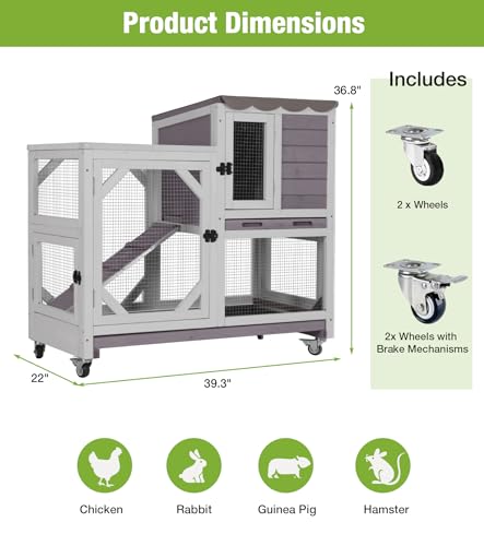 GUTINNEEN Duplex Rabbit Hutch Indoor with Chew-Proof Frame & 2 Leak-Proof Sliding Trays, Rain Cover, Wooden Guinea Pig Cages with Wheels - Grey - color: Grey