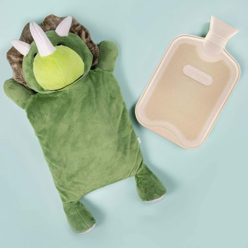 HomeTop Premium Classic Rubber Hot Water Bottle with Triceratops Cover | Natural rubber hot water bottle,Long-lasting heat retention,Snuggly all-night warmth - color: Cream White/Triceratops