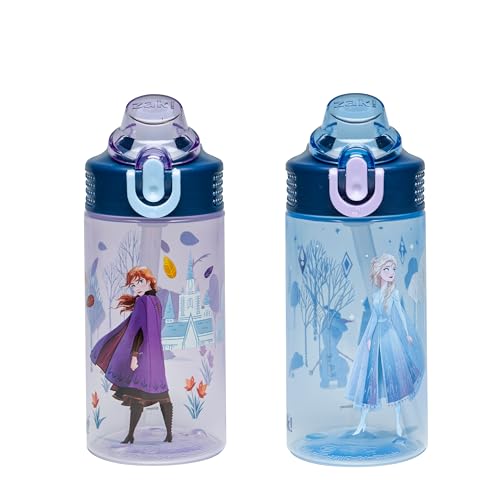 Zak Designs Frozen Sage 16oz Leak-Proof Straw Kids Water Bottle, 2-Pack | BPA Free Durable Plastic, Cupholder Friendly, Dishwasher Safe, Easy to Clean, Lid Lock, Handle, For School, Home, Travel - color: Disney Frozen (Anna & Elsa)