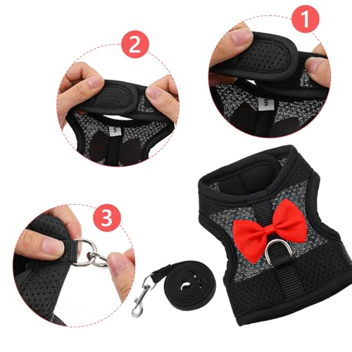 Rabbit Leash and Harness, Easily Adjustable Rabbit Harness and Leash Set for Small Animals, Rabbits Harness and Leashes for Proof Safely Walking Cute Bow Vest and Leashes, Black, Small