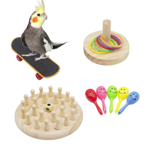4-in-1 Bird Activity Set – Mini Skateboard, Stacking Rings, Rattle & Colorful Peg Toy | Interactive Toys for Budgies, Cockatiels, Lovebirds & Small Parrots