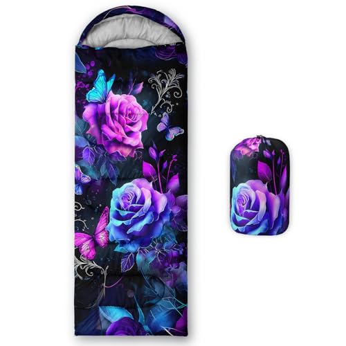 QOOMO Camping Sleeping Bags,3 Season Warm & Cool Weather,Lightweight,Waterproof Sleeping Bags for Adults & Kids,Traveling,and Outdoors,Camping Gear Equipment - color: Purple Butterfly Rose 4