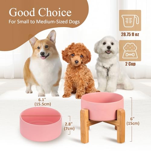 Ceramic Elevated Dog Bowl with Bamboo Stand, for Small & Medium Dog, Pink - color: Pink, size: Medium