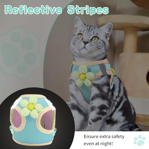 Cat Harness and Leash Set, Escape Proof Soft Vest Walk Green XS | Adjustable, Easy Wear, Breathable Comfy Mesh, Reflective Strips, Sturdy Clip Buckle Flower Harness for Cats Kitty Puppy Bunny - color: Turquoise green, size: Extra Small