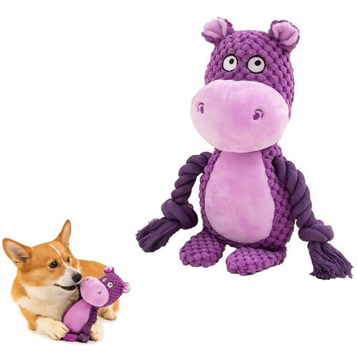 Plush Hippo Dog Toy with Squeaker and Crinkle Paper for Puppies | Soft plush texture with crinkle details, perfect for tossing, carrying, indoor play and interactive bonding with your pet. - color: Purple