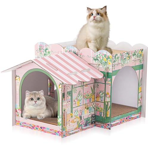 Lineshading 2 Story Cardboard Cat House with Scratcher Pad, Multi Level Durable Cat Scratcher House for Small Kitten Bunny Rabbit Animals Christmas Birthday Gift(17x12x10,Florist) - style: Florist