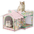 Lineshading 2 Story Cardboard Cat House with Scratcher Pad, Multi Level Durable Cat Scratcher House for Small Kitten Bunny Rabbit Animals Christmas Birthday Gift(17x12x10,Florist) - style: Florist