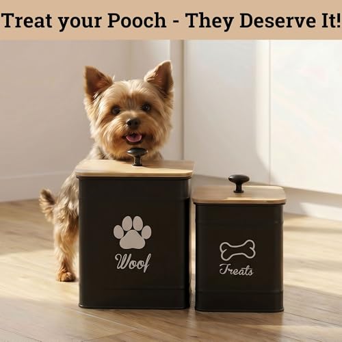 Dog Treat Container Airtight Set of 2 - 8x6 & 7x5 inch Iron Dog Treat Jars for Kitchen Counter with Airtight Bamboo Lids - 20 Cup Capacity Pet Treat Container Set - Doggie Cookie Jar - Treats Canister | Fits All Popular Treats, Up to 20 Cups Combined Capa