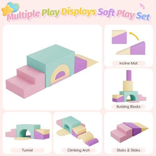 MU ‌Soft Climbing Toys for Toddlers, 7-Piece Baby Soft Foam Climbing Blocks, PU Leather Gym Climb and Crawl Activity Play Set, Indoor Climbing Toys for Kids and Children, Pink - color: Pink