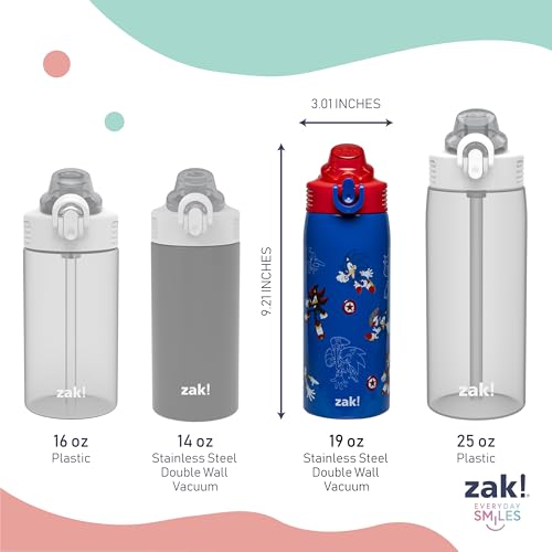 Zak Designs Sonic the Hedgehog Sage 19oz Leak-Proof Straw Kids Water Bottle | BPA Free, Insulated Stainless Steel, Cupholder Friendly, Dishwasher Safe, Lid Lock, Handle, For School, Home, Travel, Outdoor - color: Sonic the Hedgehog (Sage)