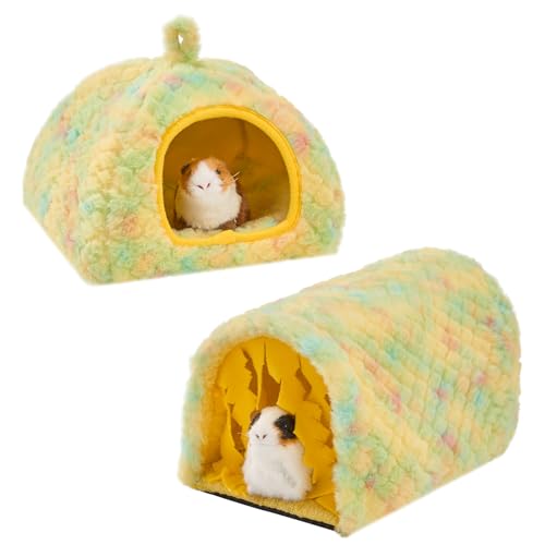 Avont 2-Pack Guinea Pig Tunnel & Hideout Bed Set | Washable Hideout & Tunnel Set, Breathable Fleece, Dual Entrances, Removable Pad, Blue or Yellow - color: Yellow
