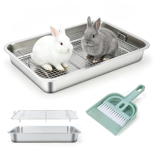 FHTONGE Stainless Steel Rabbit Litter Box, Removable Sifting Large Grids | Odor Control, Easily Clean, Low Entry, Metal Small Animal Litter Pan Train Tray for Bunny Hamster Chinchilla Hedgehog Rodent - size: 17.7x13.8x2.8"(45x35x7cm)