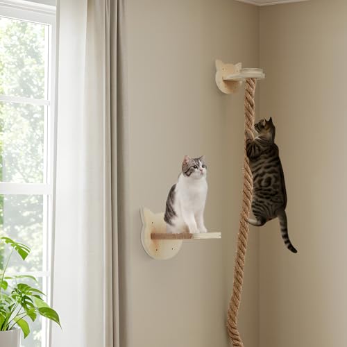 Weysat 2" x 4.92 ft Cat Climbing Rope with 2 Jumping Platform Wall Mounted Thick Jute Cat Scratching Post Furniture Wall Climbing System for Kittens & Large Cats(Wood,Kitten Head) - color: Wood, style: Kitten Head