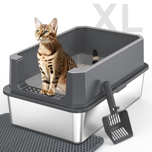 Stainless Steel Litter Box, Extra Large Litter Boxes for Big Cats, XLarge Metal Cat Litter Box with Lid, Anti-Urine Leakage XL Box with High Sides, Easy Clean, Non-Sticky, Scoop Included - color: Dark Grey, size: XL