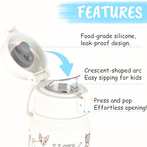 GOPPUS Kids Insulated Water Bottle 12oz, Leakproof Stainless Steel Thermos, BPA Free Double Wall Vacuum Insulated Bottle for School, Travel, Sports & Outdoor Activities, Boys Girls - color: White dog