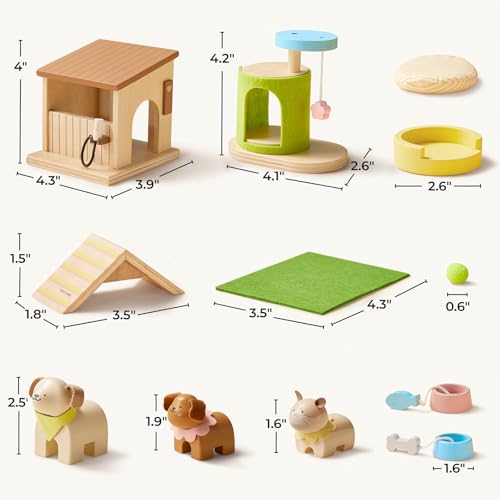 Tiny Land Wooden Dollhouse Animal Set for Toddlers, Dollhouse Accessories | Dolls House Furniture Sets for Toddlers, Montessori Pretend Play Family Pets Set Toys, Gift for Kids Age 3+