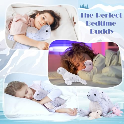 Hollowfly 5 Pcs Seals Plush Set 18" Large Seals Pillow with 4 Cute Babies Stuffed Animal in Zippered Belly Nurturing Plushes Toy Gift for Kids Adults Birthday Christmas Holiday Part - style: Seals