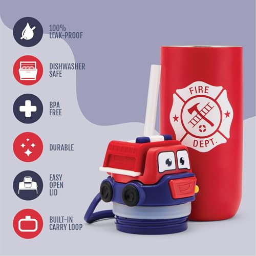 Ello Ellies 12oz Stainless Steel Leakproof Kids Water Bottle, Firetruck | Insulated kids water bottle with straw, leakproof locking lid, carry handle, and stainless steel fun design for school - color: Firetruck, size: 12 Ounces