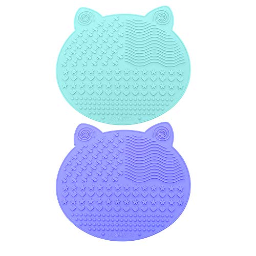 2Pack Makeup Brush Cleaning Mat, Cute Cat Ear Animal Design Silicone Brush Cleaner Pad with Suction Cups (Purple+Green) - color: Purple+Green