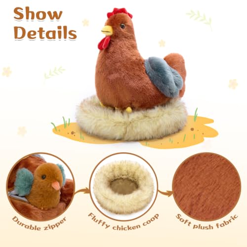 7Pcs Chicken Plush Toy with Babies, 14" Hen Stuffed Animal Set | Mother Chicken Plushie with 3 Chicks, 2 Eggs & 1 Nest; Farm animal Plush; Hide-and-Seek Play; Christmas Easter Gift for Kids - style: Chicken Brown