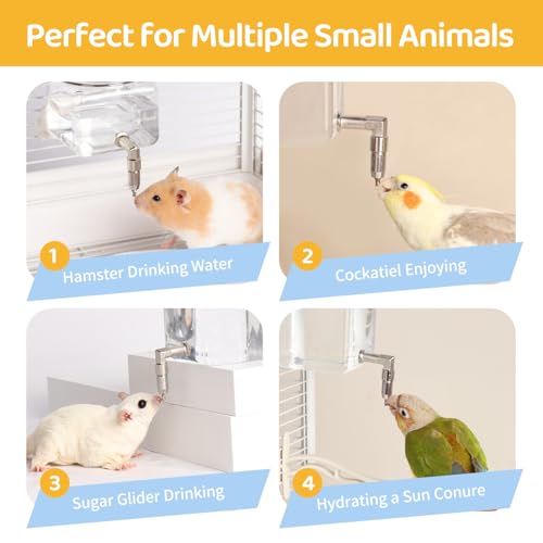 Bird Water Dispenser No Drip 10oz – Leak Proof Small Animal Water Bottle with Stainless Steel Needle Valve & 180° Rotatable Bracket for Parakeet Hamster Mouse Sugar Glider Gerbil