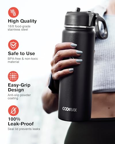 Coolflask 20 oz Insulated Water Bottle with Straw & 3 Leakproof Lids | Water Flask Stainless Steel Triple-Wall Vacuum, Cupholder Friendly, Cold 48+h, Dishwasher Safe, Non-BPA, for Gym & Hiking - color: Magic Black, size: 20 Ounces