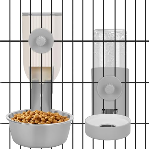 Yummy Sam Hanging Cage Automatic Small Pet Food Bowl Water Bottle Dispenser, Kennel 500ML Waterer and Auto Gravity Pet Feeder Set with Separate Food Bowl Crate Feeder Dish for Puppy Cats Rabbit (Grey) - color: Grey White