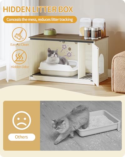 Hzuaneri Cat Litter Box Enclosure, Hidden Litter Box Furniture with Divider | Wooden Cat Cabinet with Removable Dividers, Reversible Entrance Left or Right Side, Cat Washroom, Rustic White Brown CB84714X - color: Rustic White and Brown, size: 39.4"L x 21.