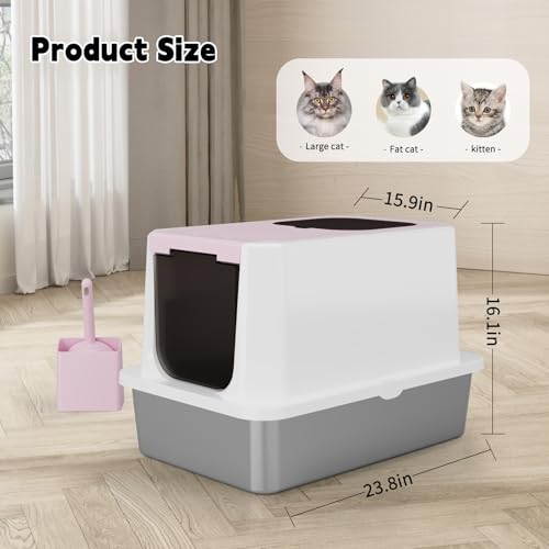 RIZZARI Stainless Enclosed Litter Box: with Scoop & Odor Control | 304 Stainless Basin / Wide Top Opening / Privacy Enclosure / Top & Swing Dual Entry / Anti-Leakage Raised Rim - color: Pink, size: 23.8"L*15.9"W*16.1"H