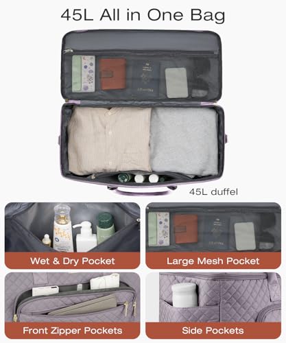Travel Duffle Bag, Wide Open Large Weekender Bag for Women with Shoe Compartment, Carry on Overnight Bags with Toiletry Bag, Hospital Bag for Women Labor Delivery with Wet Pocket (Purple Grey) - color: Purple Grey, size: 45L