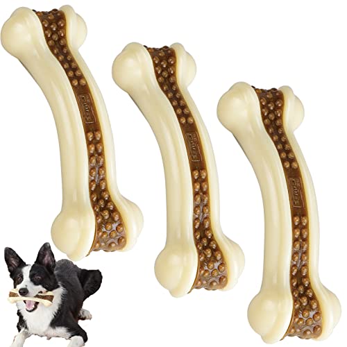 Dog Chew Toys for Aggressive Chewers Large Breed, 3 Pack Real Beef Flavor,Indestructible Dog Teething Chew Toys for Large/Medium/Small Puppies,Tough Pet Toy with Durable Nylon - size: 3 PCS WBEEF bone