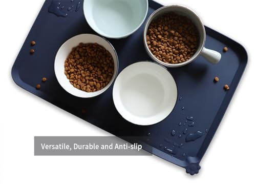 Hoki Found L Silicone Non Slip Pet Dog Cat Bowl Mats - Placemat - Waterproof Dog Cat Food Mats for Carpet - French Navy - color: French Navy, size: 22" x 14"