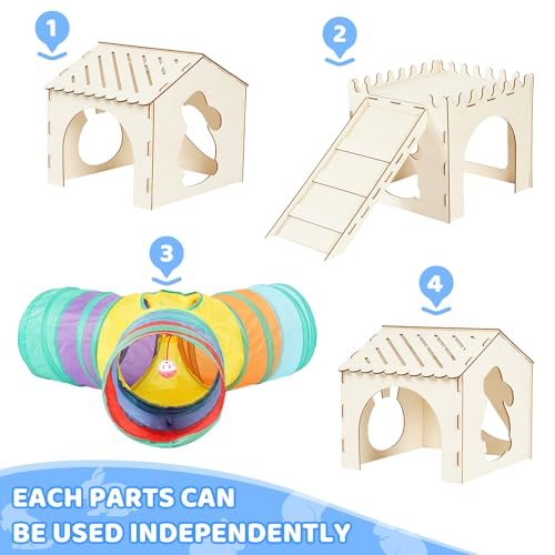 Extra Large Sturdy Rabbit Hideout with 3 Way Tunnels, Wooden Bunny Castle with Stairs, Rabbit Hideout Castle Tower Toys for Indoor Outdoor Play - color: -Natural -01