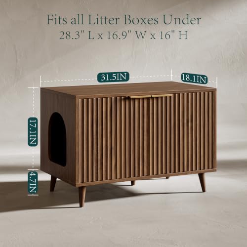 Evermagin 31.5" Cat Litter Box Enclosure Furniture with Legs | Walnut Hidden Litter Box Cabinet, Modern Indoor Cat House, Fluted Kitty End Table for Living Room, Bedroom, Entryway - color: NA Walnut