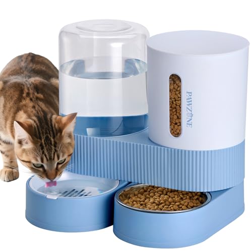 Automatic Cat Feeder Stainless Steel Water Dispenser Gravity Food Feeder and Waterer Set with Pet Food Bowl for Small Medium Kitten Puppy Pets Large Capacity(Blue) - color: Blue